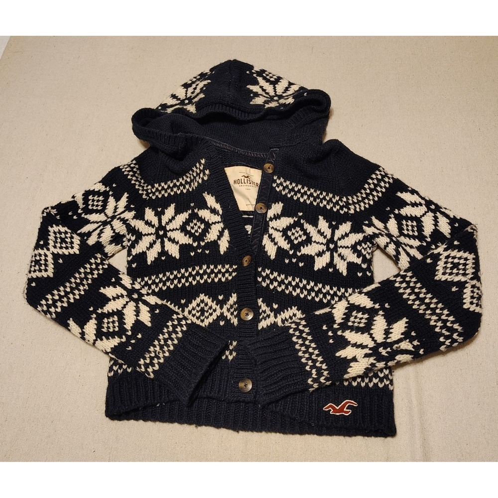 Hollister Navy Blue White Fair Isle Snowflake Hooded Button Cardigan Sweater L